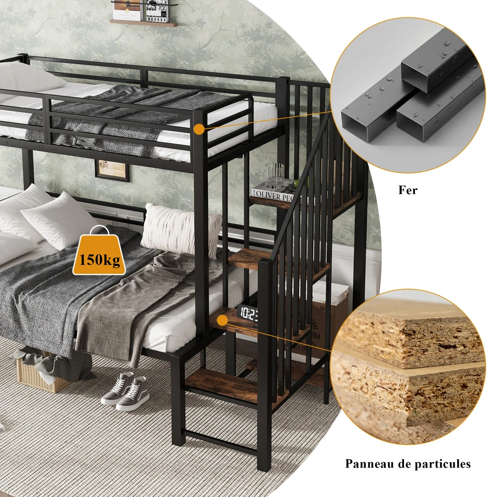 PINGGO Eisen-Etagenbett für Kinder und Jugendliche mit Stauraum-Eckschrank, Eisen & MDF, Schwarz Vintage-Holz, 90x200cm 120x200cm, ohne Matratze – Detail 11