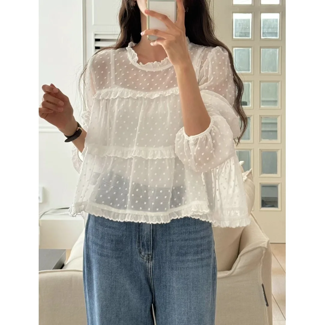 

Polka Dot Long Sve round Ne irt Inner Wear Korean Sle Women's Faion Spring Autumn Winter Seasonal Clothing