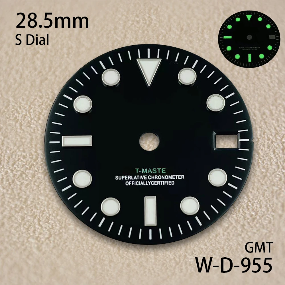 28.5mm GMT Print S Dial Fit NH34 Japanese Automatic Movement Green Luminous Black Matte Dial Watch Modification Accessories
