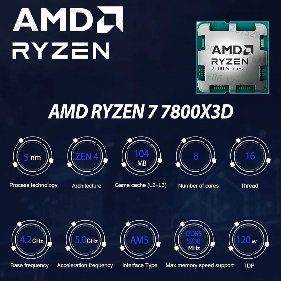 AMD Ryzen 7 7800X3D R7 7800X3D 5.0 GHz 8-Core 16-Thread CPU 5NM 96M 100-100000910 Socket AM5 New Tray Without cooler