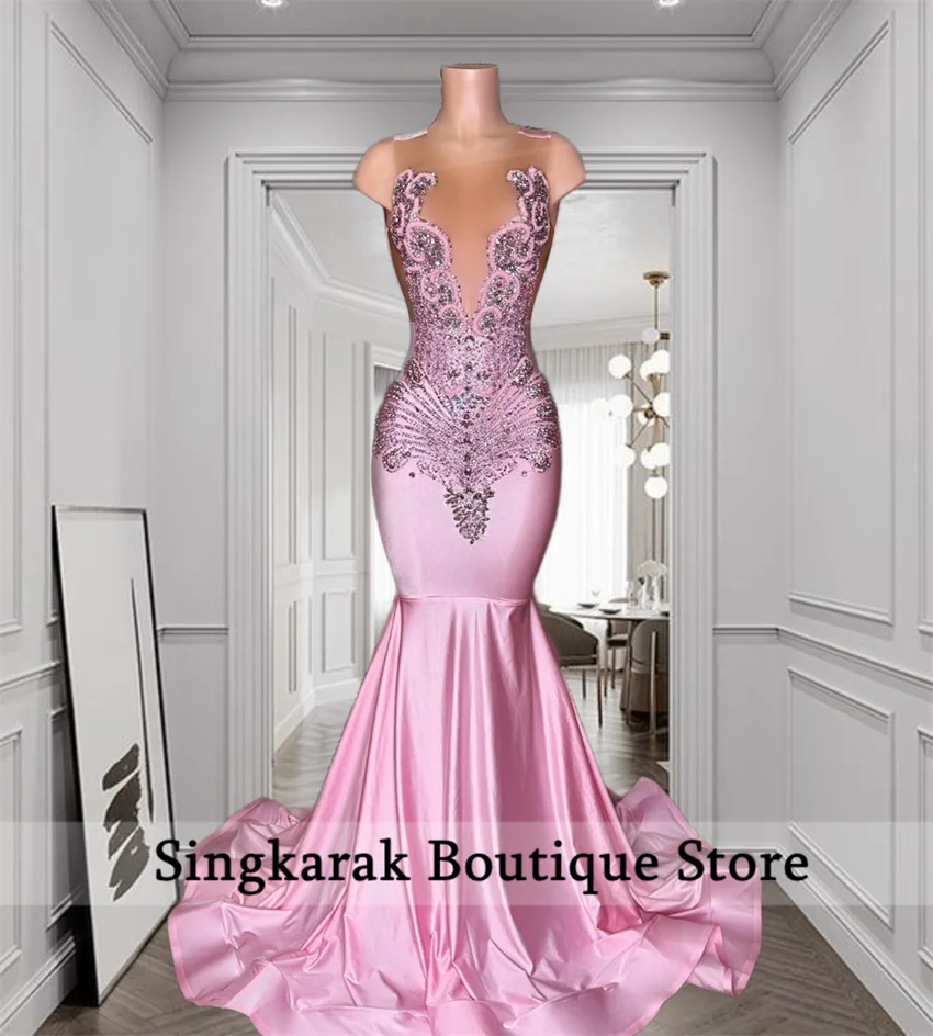 

Stunning Pink Long Prom Dresses 2026 Black Girls Mermaid Gowns Sheer Mesh Luxury Rhinestones Birthday Party Dress Customized