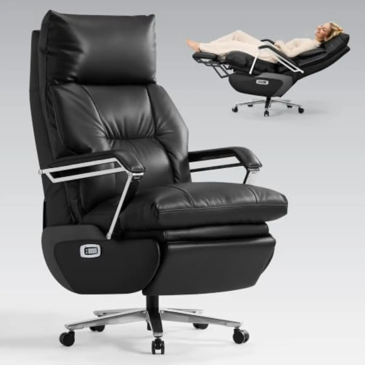 Electric Executive Office Chair with Dual Motor Recline 95°–160°, 4-Zone Heat Massage & Ventilated Leather Seat, Adjustable Lumb