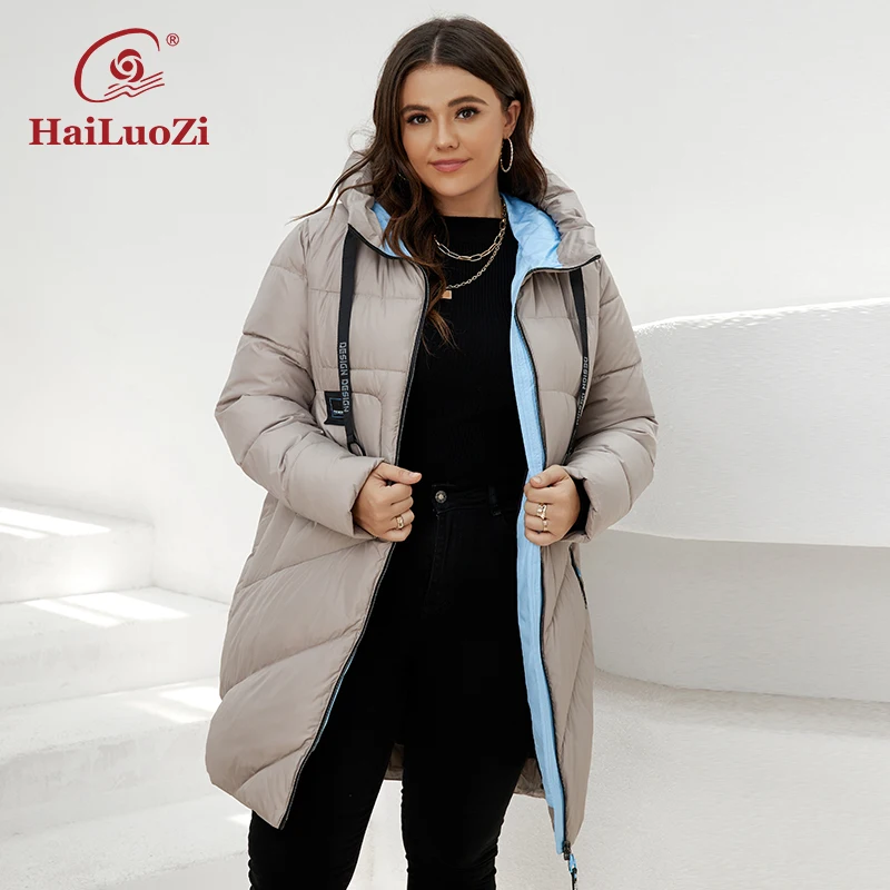 HaiLuoZi 2022 Winter Women's Jacket Plus Size Thick Cotton Big Pockets Hooded Quilted Lady Parka Female Clothing Women Coat 6896