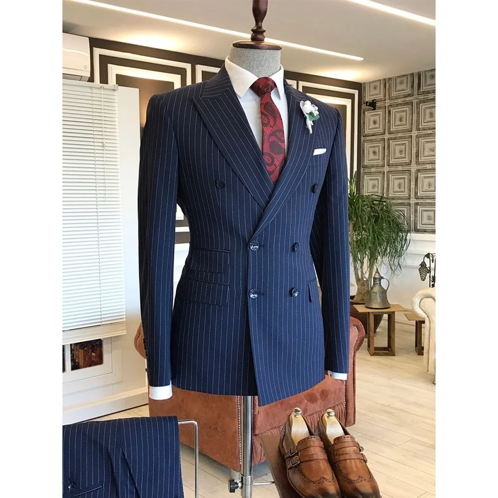 

Navy Blue Striped Double Breasted Slim Men Suit Two Pieces(Jacket+Pants) Outfits Formal Business Party Prom Wedding Suits