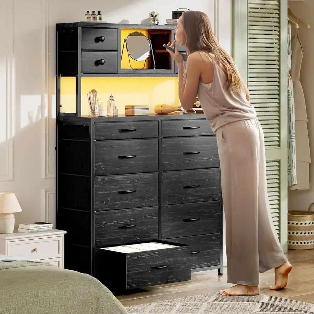 Multi-Fabric Drawer Dresser with Charging Station and LED Lights for Bedroom, Steel and Wooden Top Options