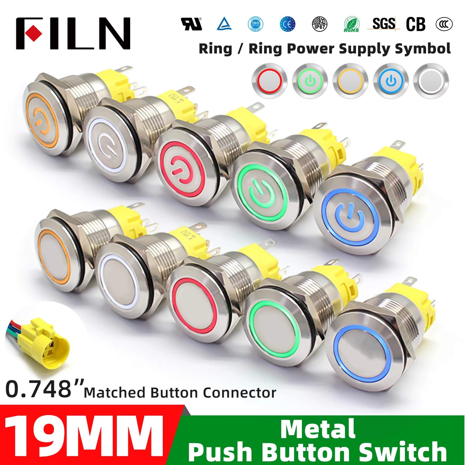 FILM 19 mm Metall-Druckknopf, Edelstahl-Schalter, Stromsymbol, wasserdichte LED-Anzeige, Start-Stopp, Ein-/Aus-Schalter