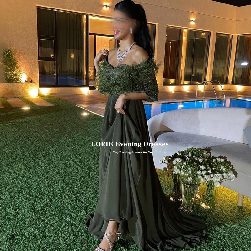 LORIE Green Chiffon A-Line Prom Dresses Sweetheart Half Sleeves Long Saudi Arabia Party Dresses Feathers Vestidos De Noche