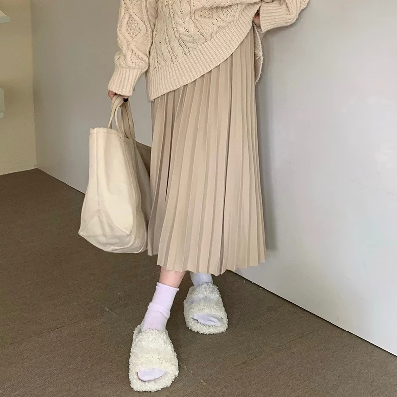 Spring Autumn Woolen Plaid Half Skirt Elastic Waist Versatile  Color Long High Waist Slim A-Line Skirt Women's Fashion