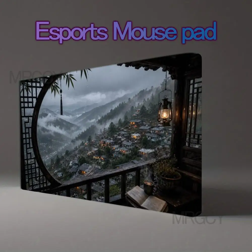 Oriental Misty Mountain Village Large Gaming Mouse Pad Chinese Rainy Landscape Non‑Slip Desk Mat for Esports Office Card Game