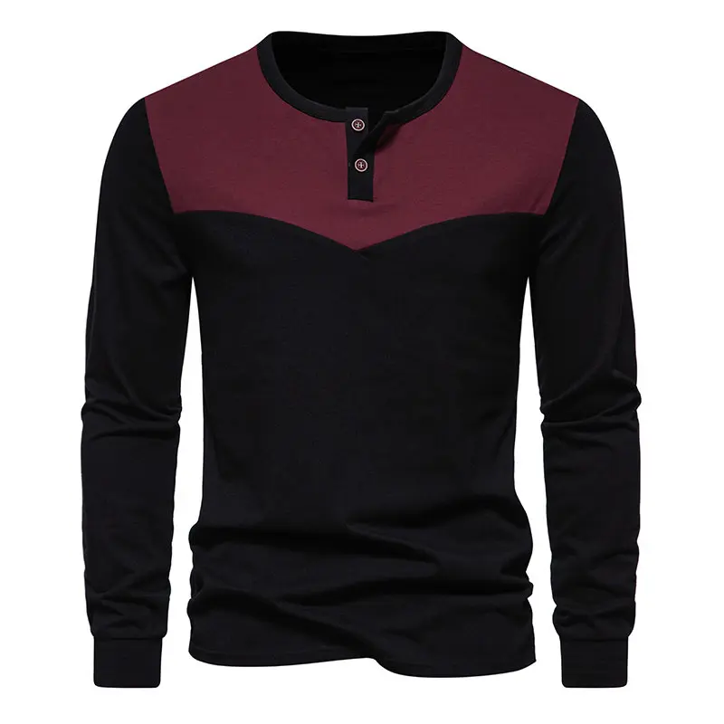 

2023 Autumn New Fashion Men's Trend Color Matching Two Button Long Sleeve T-Shirt Men's Casual Versatile T-Shirt Top