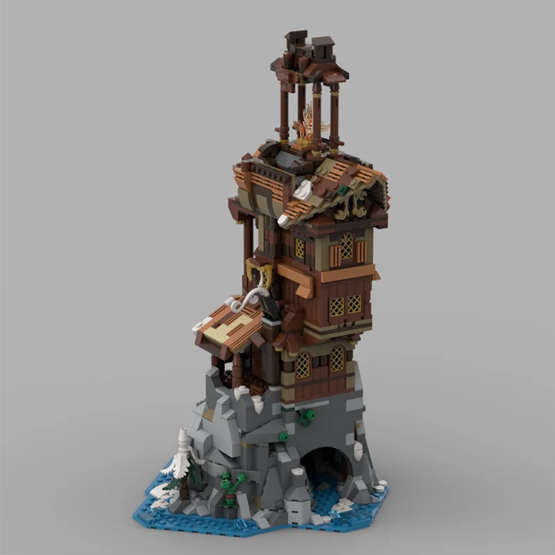 MOC Street View Viking Lighthouse rocky outcrop in the sea DIY creative Retro child Toy Birthday Gift building blocks