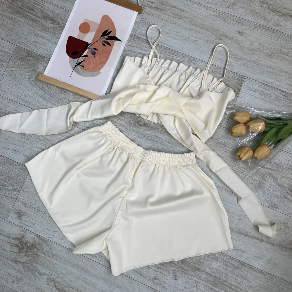 Terno feminino de duas peças com babados, top + shorts confortáveis, pijama de verão, roupas casuais para casa, cor sólida, conforto