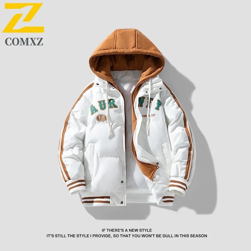 COMXZ 2025 남성용 겨울 후드 두꺼운 컬러 블록 패딩 재킷 미국 스타일 숏 캐주얼 아웃도어 스포츠 방수 방풍 코트