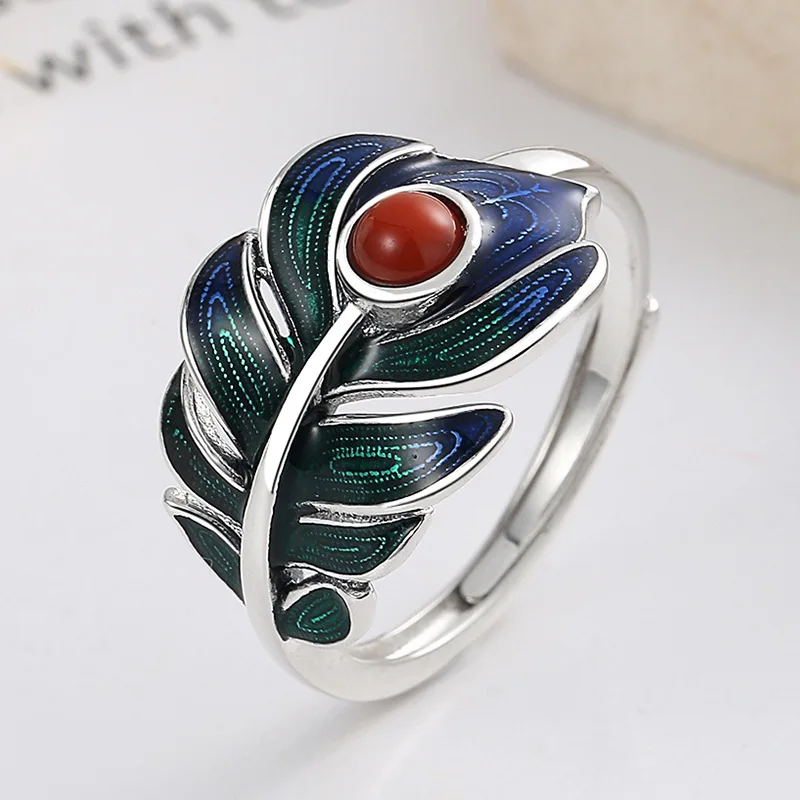 S925 Sterling Silver Vintage Do Old Drop Glue Glaze Creative Feather Shape Ethnic Wind Open Ring Female