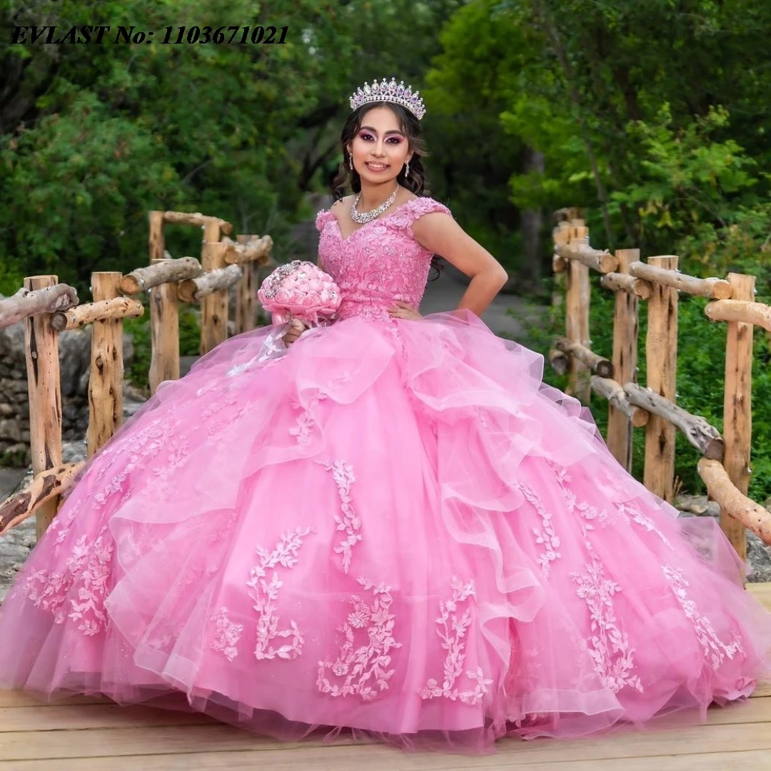 EVLAST Sparkly Light Pink Quinceanera Dress Ball Gown Lace Applique Beaded Tiered Ruffles Corset Sweet 16 Vestidos De Anos SQ373