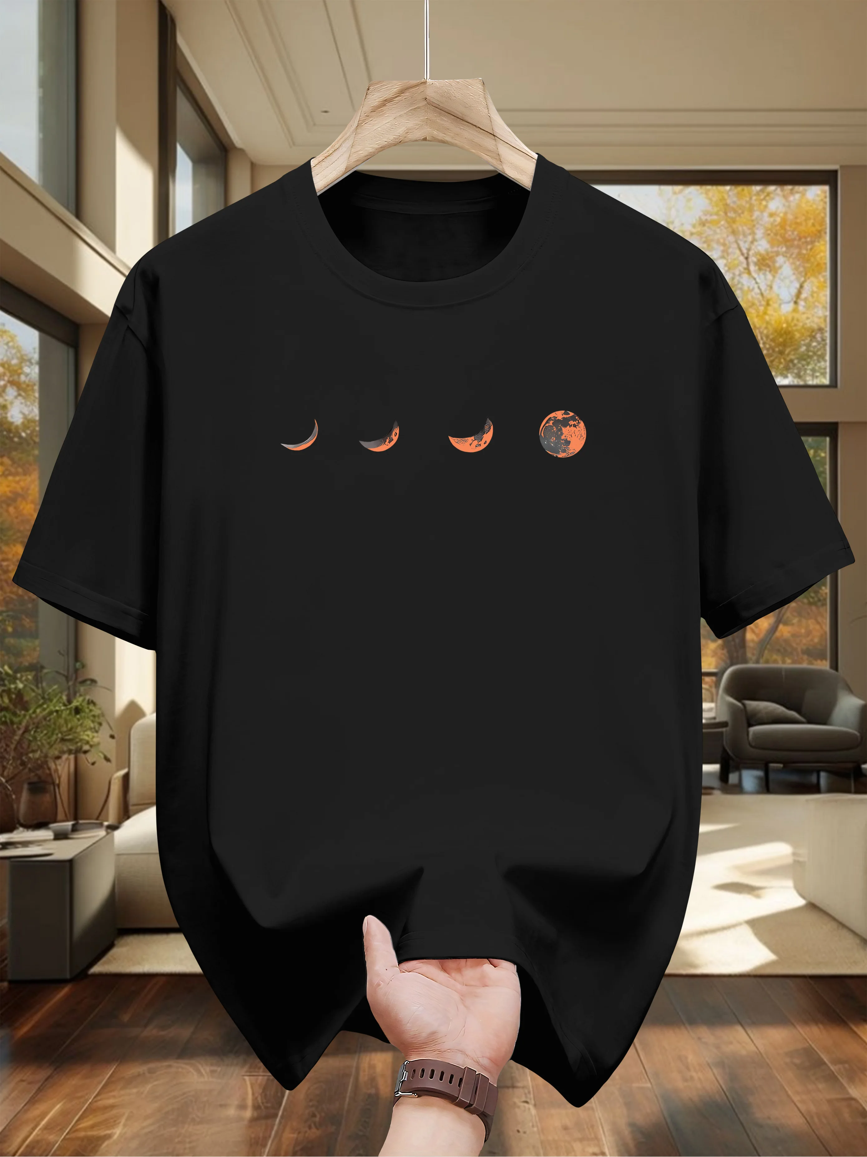 Men's Minimalist Moon Phases Cotton T-Shirt, Celestial Graphic Tee, White Short Sleeve Top