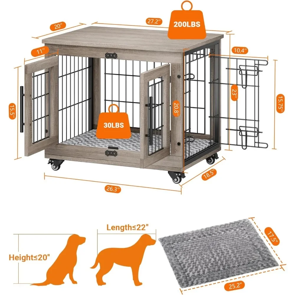 Dog Crate Furniture with Cushion, Wooden Dog Kennel Indoor with Double Doors, Dog Cage with Wheels