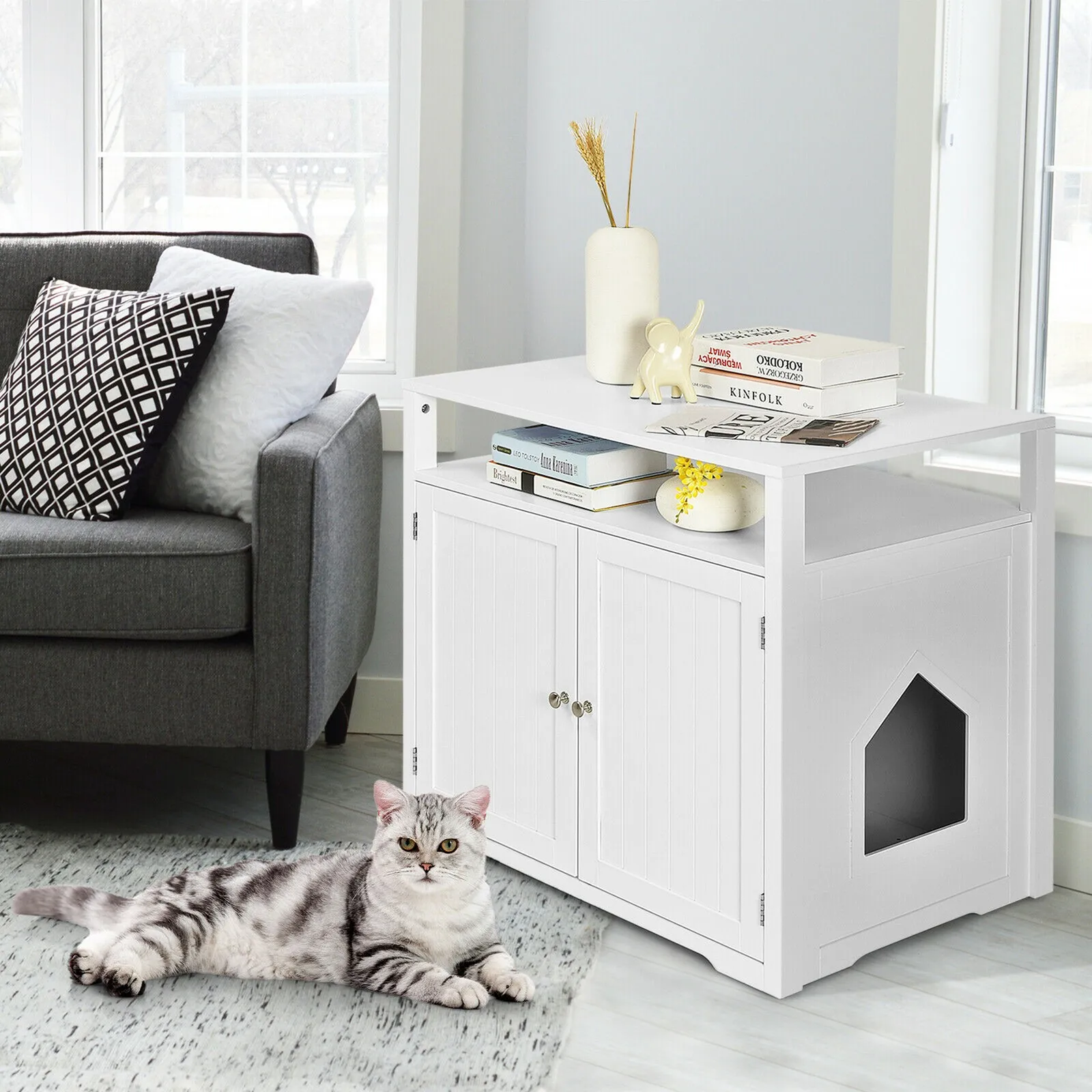 

Wooden Cat Litter Box Enclosure Hidden Cat Washroom w/ Storage Layer White