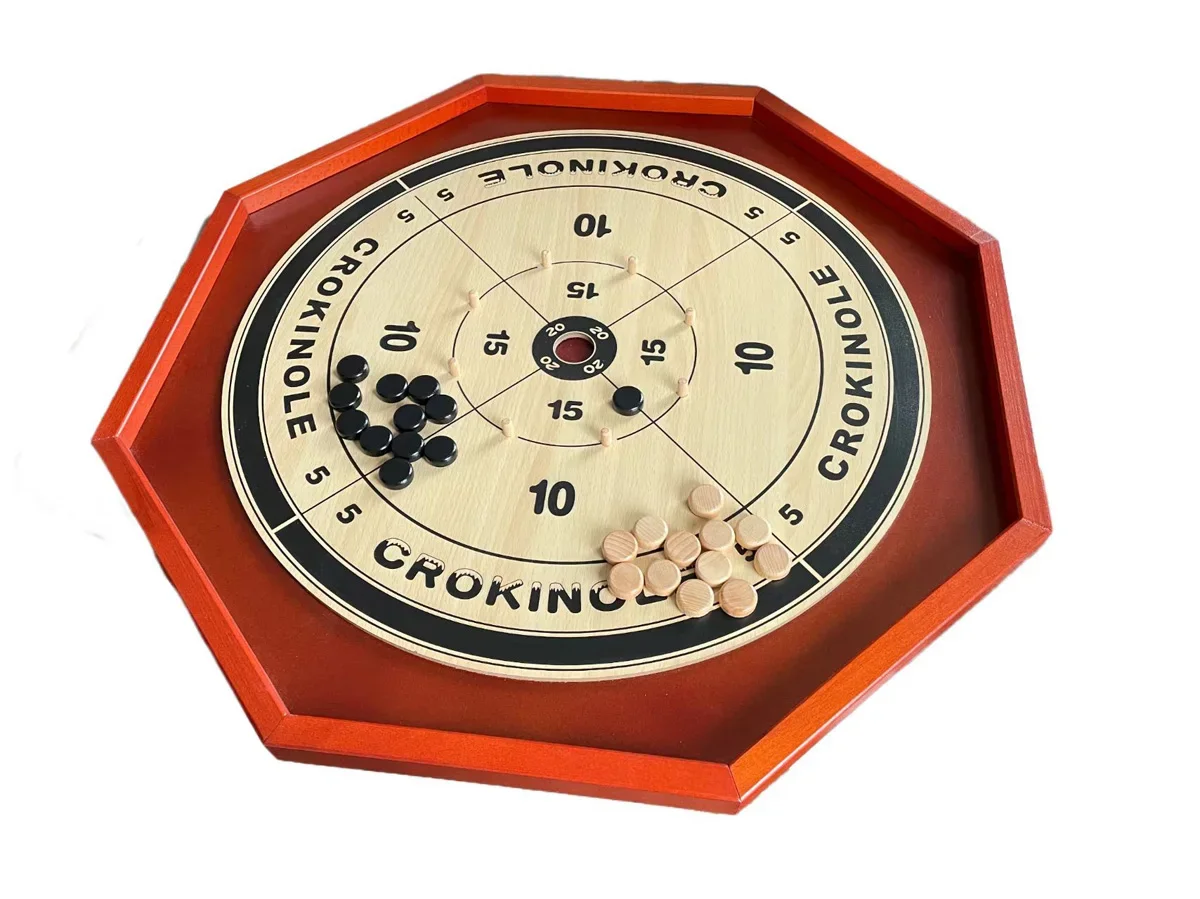 Wooden 4 in 1 Crokinole Board Game Set for Two Players | 24 Black & White Discs & Game Board
