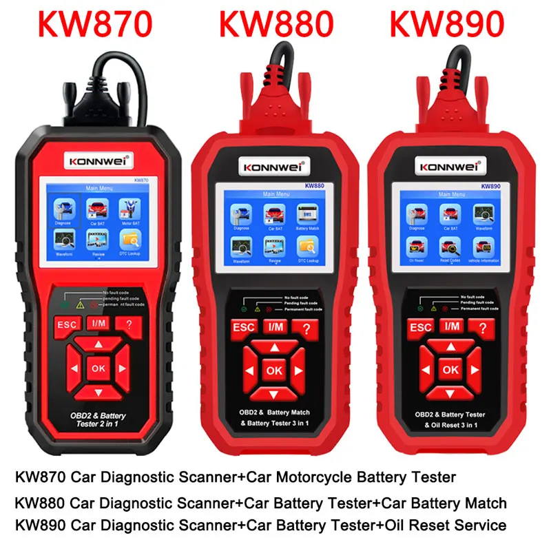

KONNWEI KW870 KW880 KW890 12 В тестер автомобильного аккумулятора, анализатор, автоматические диагностические инструменты, соответствие аккумулятора 3 в 1, считыватель автомобильных кодов, сканер OBD2