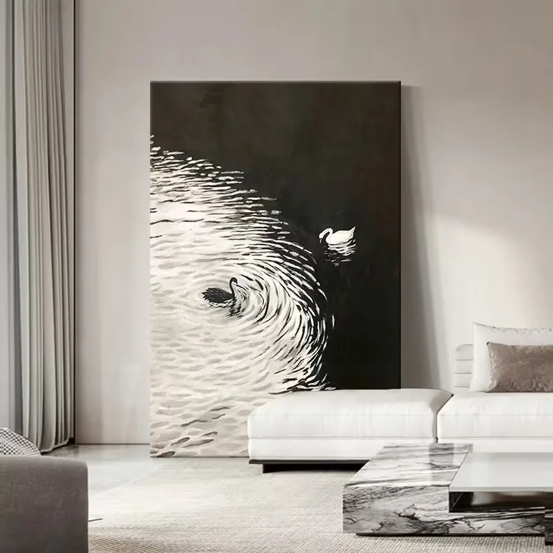 

Pure Hand Drawn Oil Painting Black and White Swan Sofa Background Decoration Painting High-End Sense Niche Art Hanging Painting