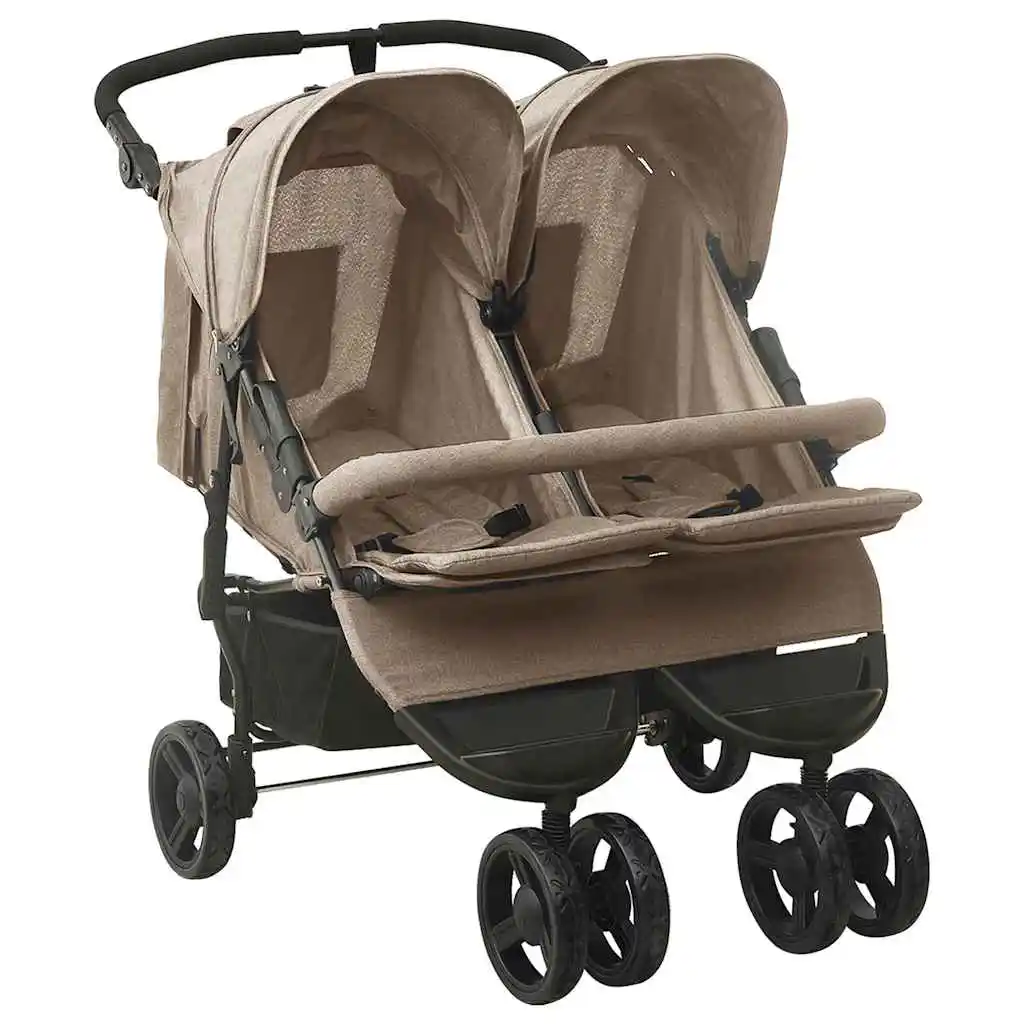 Doppel-Kinderwagen Taupe Stahl 99 x 78 x 103 cm Leichtgewichtig Faltbar Sicheres Design Buggy Kompakt Reisefreundlich