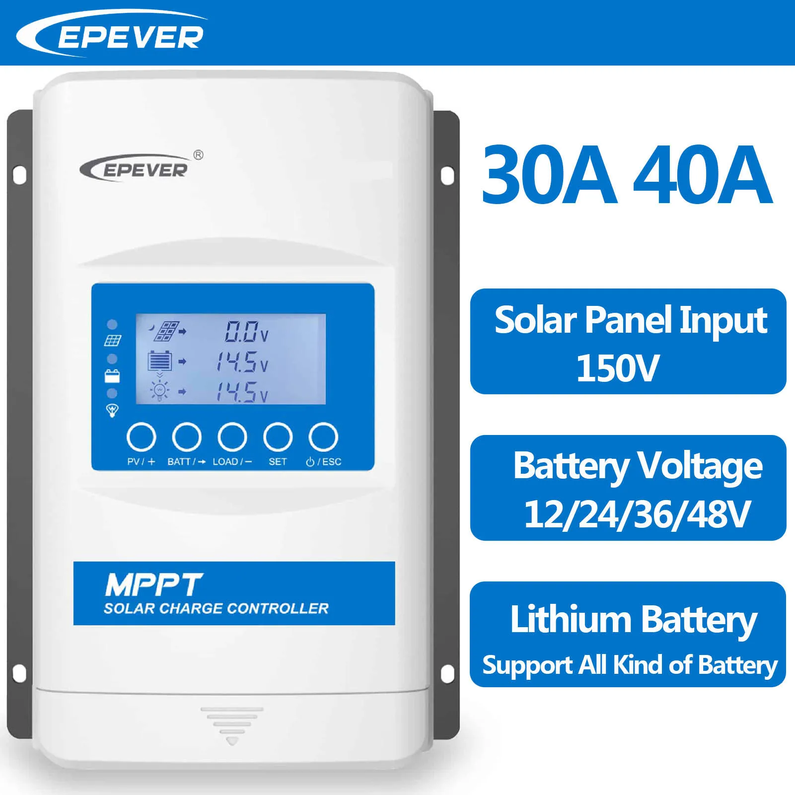 

EPEVER 30A 40A MPPT Solar Charge Controller Max PV Input 150V Battery Voltage 12V 24V 36V 48V Auto Identify