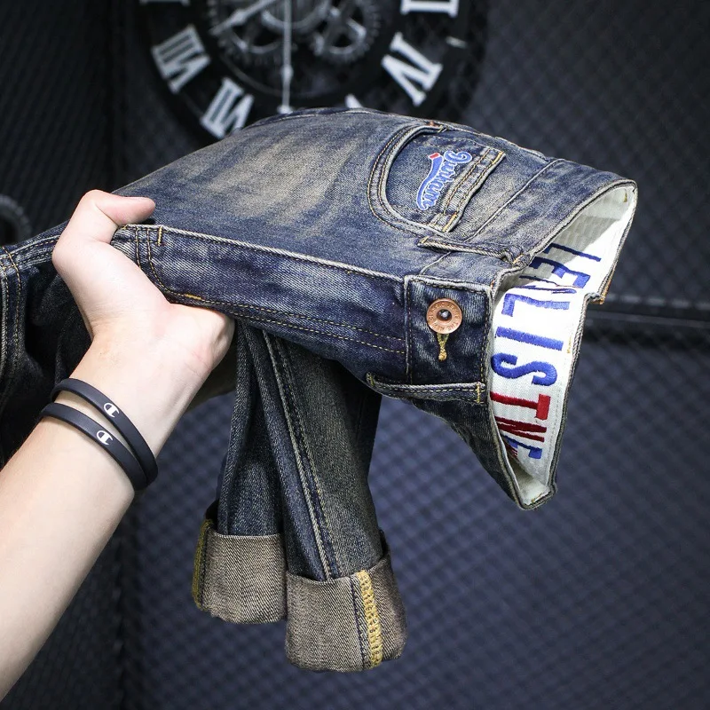 High-End plus Size Distressed Retro Jeans Men's Fashion Street Slim Fit Stretch Pencil Pants Handsome Long Pants