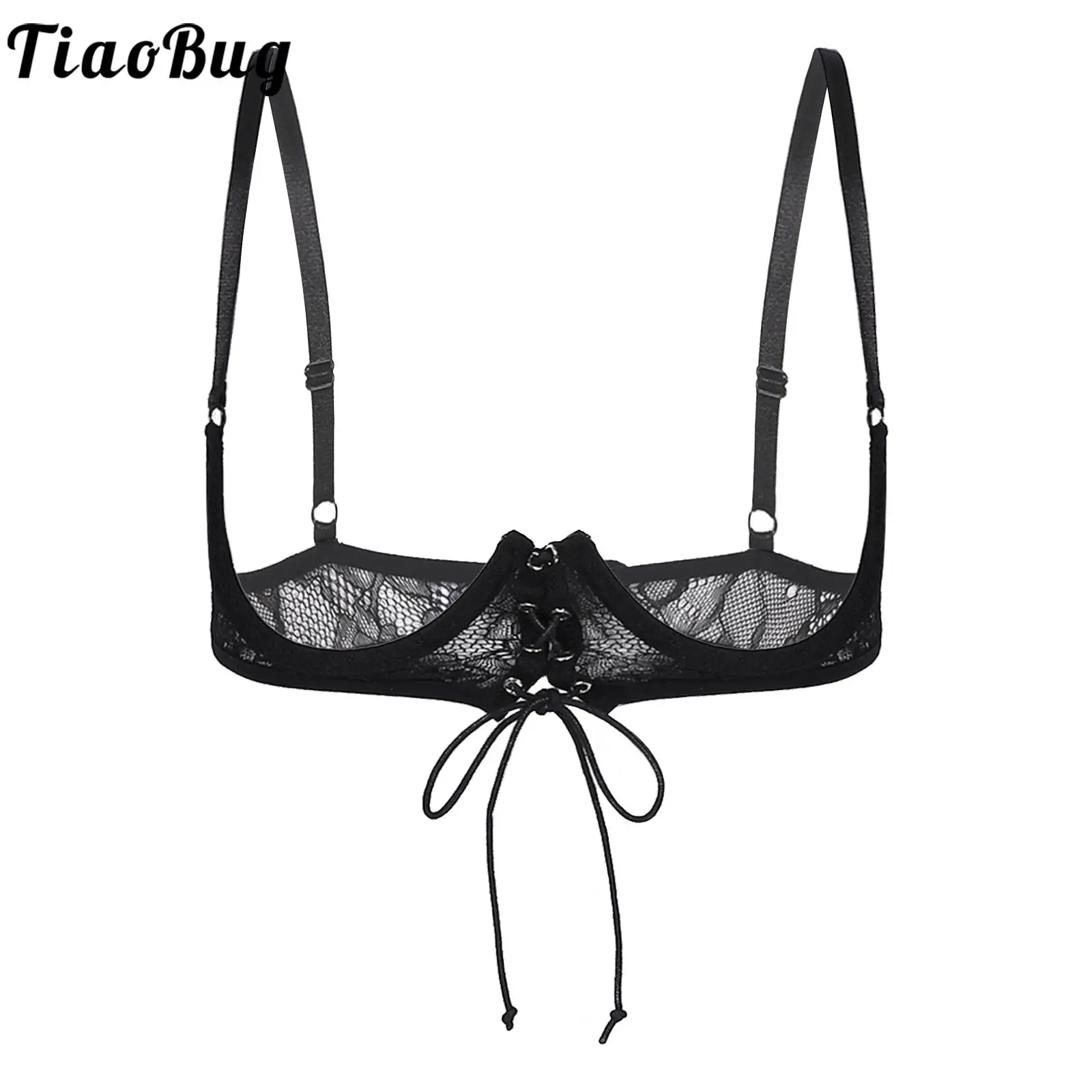 

Womens Erotic Bow Tie Open Cups Underwired Lace Bra Lace-Up Adjustable Straps Sexy Lingerie Brassiere Underwear Tops