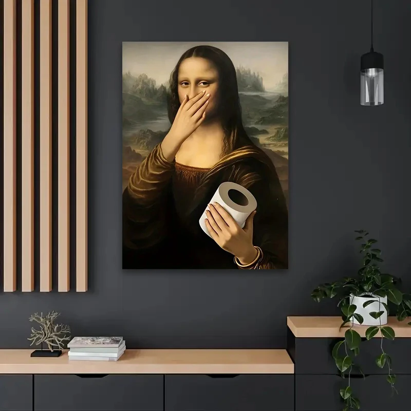 طباعة ملصق قماش الحمام الفكاهة، كلاسيكي ريترو الموناليزا باليد ورق التواليت قماش جدار الفن، لديكور غرف المعيشة #3