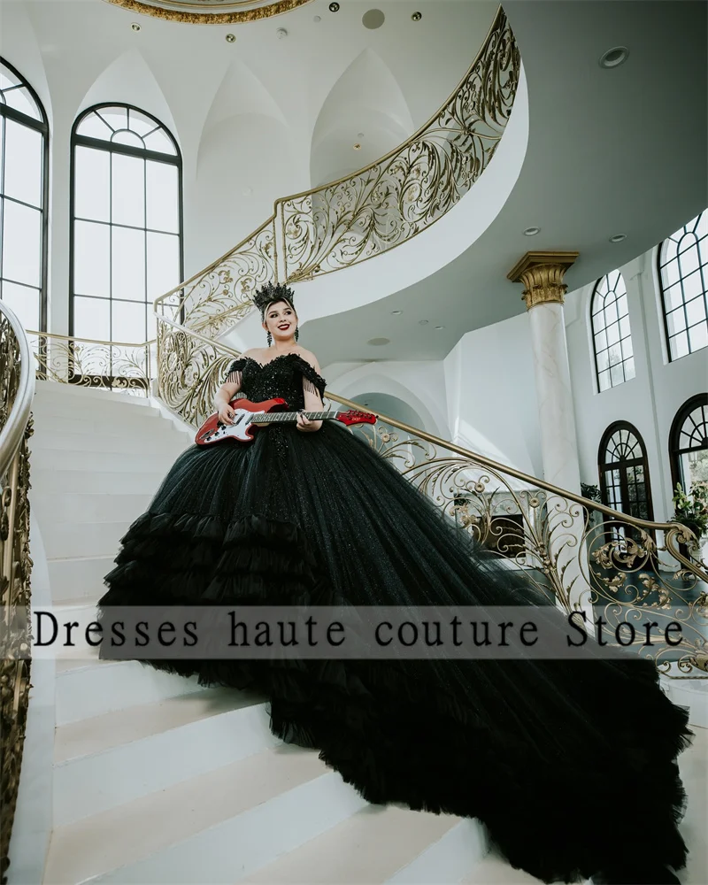 Black Tulle Beading Quinceanera Dresses 2024 Appliques Ruffles Sweet 16 Dress Birthday Party Dress Corset Vestidos De 15 Anos