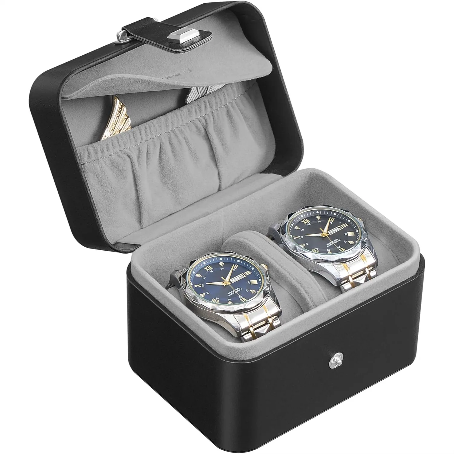 

2-Slot Watch Travel Case with Adjustable Divider, Hidden Storage, Flap Pocket, Compact 4x4.7x3.3 Inches, Gift Idea, Ink Black