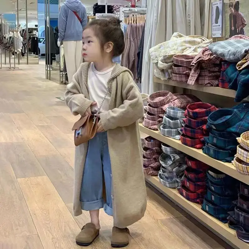 Girls' Autumn and Winter Long Knit Sweater 2023 New Children's Casual Hooded Sweater Jacket Korean Children's Clothing