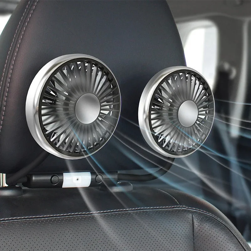 

360° Rotation Double Head Car Back Seat Fan 5 Fan Blades 3-speed Wind Adjustment USB Auto Cooling Fans for Summer Car Accessorie