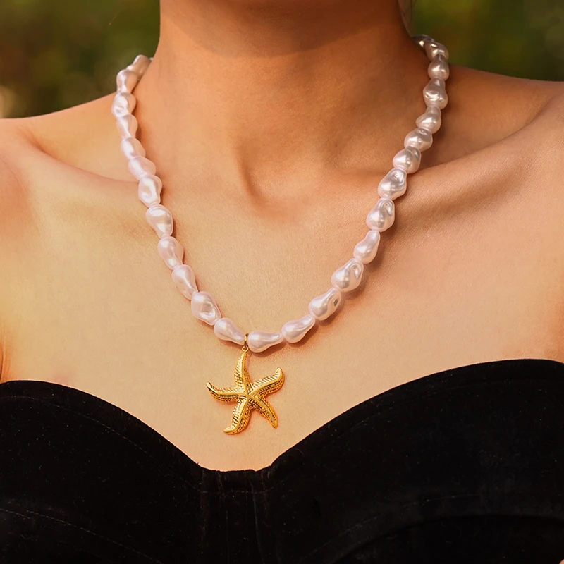 

Nivora Irregular Imitation Pearl Handmade Necklace For Women Stainless Steel Sun Starfish Shell Pendant Choker Women Jewelry