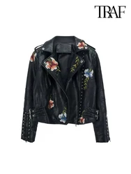 TRAF Women Fashion Printed Embroidered Faux Leather Jacket Coat Street Biker Style Lapel Punk Jacket Retro Floral Rivet Jacket