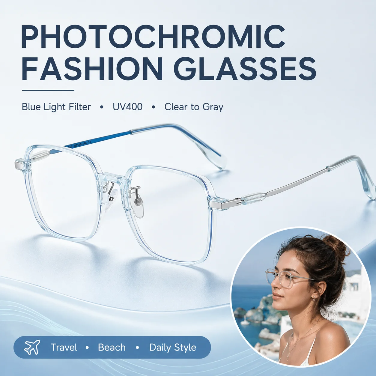 Photochromic Blue Light Blocking Glasses Women UV400 Lightweight Square Eyeglasses Smart Adaptive Lens Travel Beach Daily