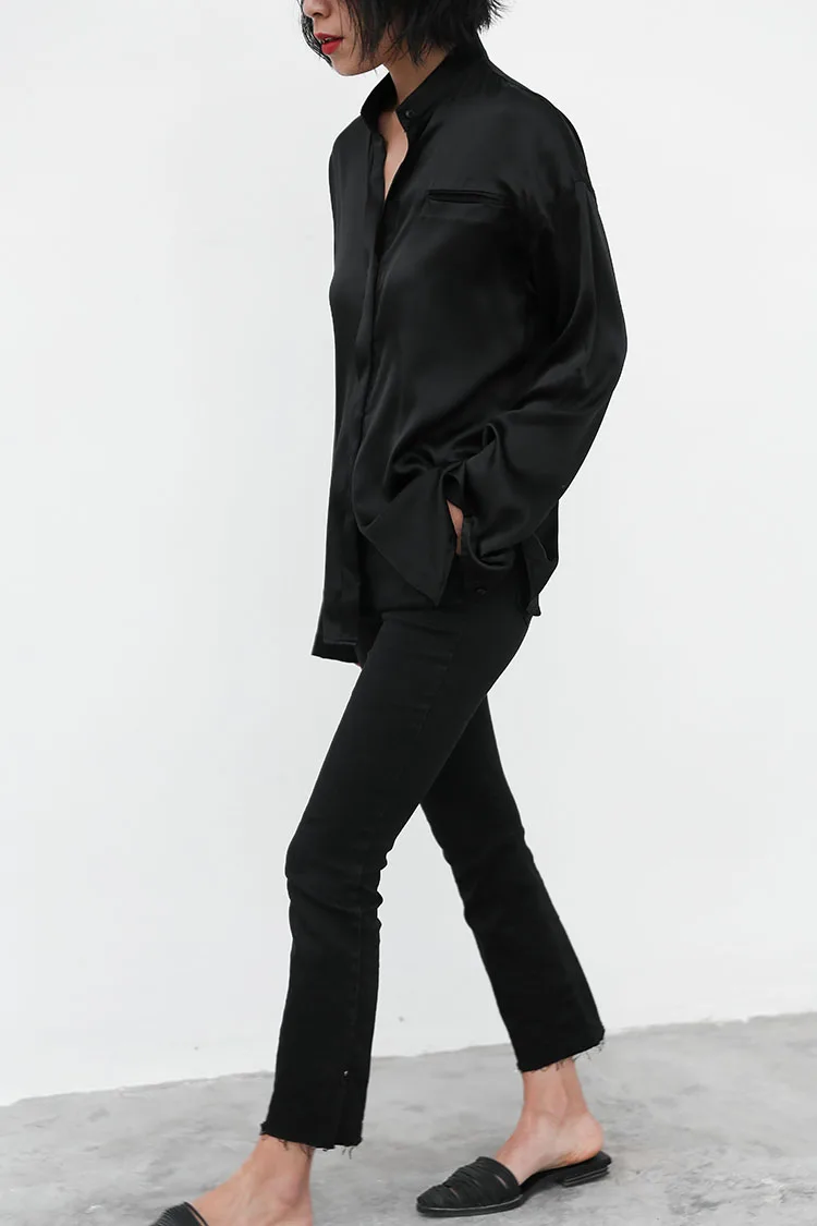 Luxo amoreira seda camisa feminina preto seda manga longa temperamento blusa brilho brilhante casual moda feminina primavera verão