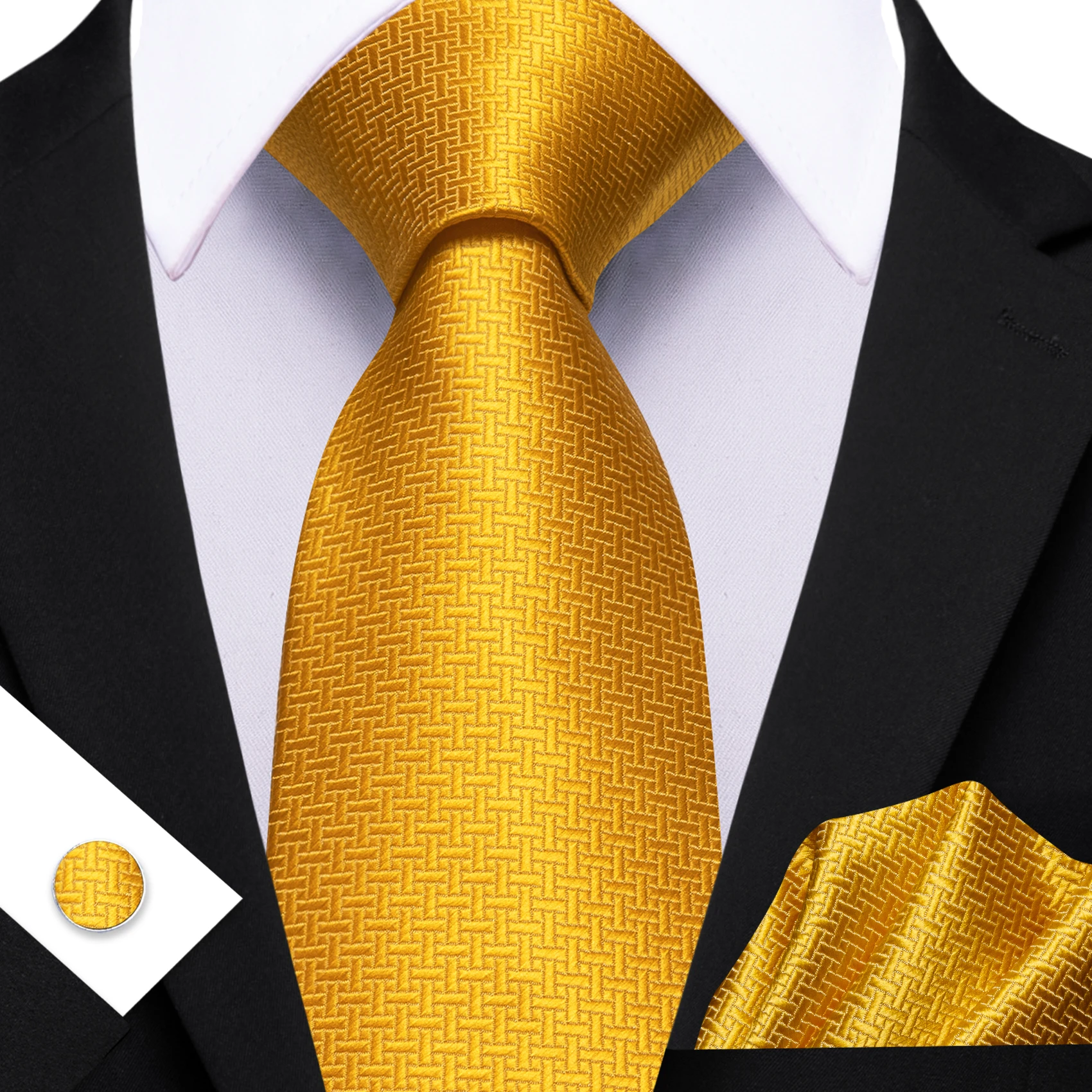 Geometric Men Tie Set Woven Necktie Pocket Square Cufflinks Classic Check Plaid Formal Suit Accessory for Wedding Business Party