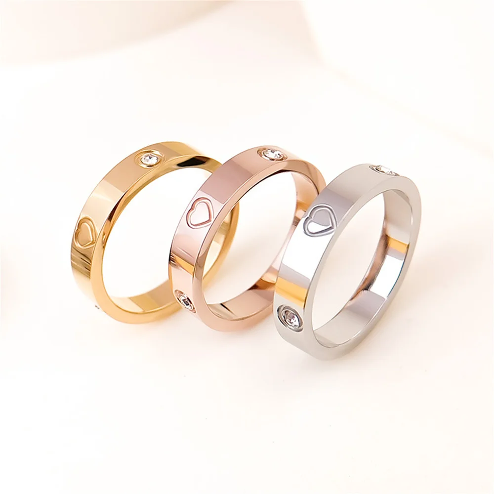 Edelstahl-Liebesring, INS, schlichter Ring mit Kristall, Roségoldfarben, für Damen, trendiger Schmuck aus Titanstahl, Hochzeitsaccessoires. – Detail 1