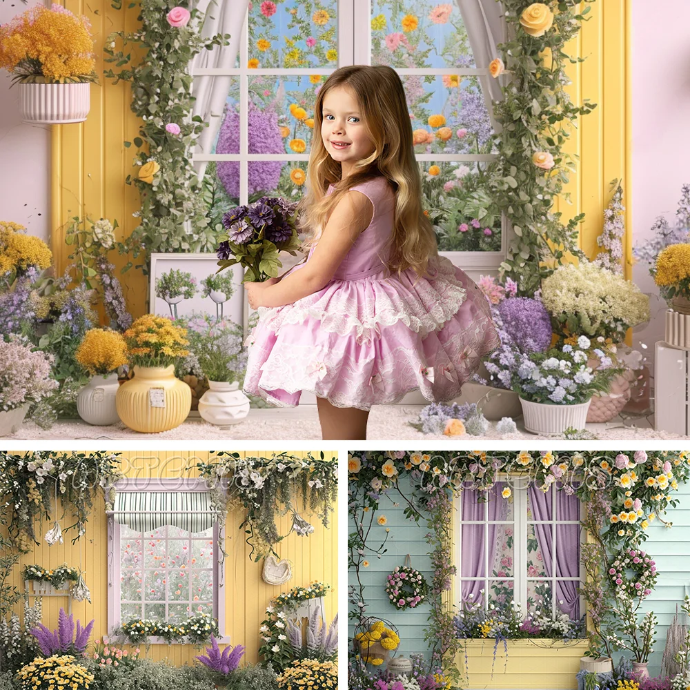 

Spring Photography Backdrop Decorated Window Flowers Drapery Purple Pastoral Baby Birthday Portrait Background Photo Studio