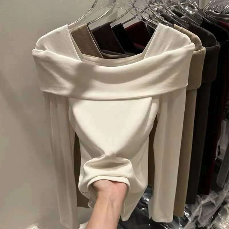 Long Sleeve Tshirts Women Slash Neck Solid Stylish Slim Tees Casual Tops Autumn Winter Basic Clothes Simple Soft Chic All-match