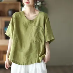 Cotton Linen T Shirts Women Fashion Design Solid Color Vintage T-shirt Casual Loose O-neck Short Sleeve Tops Summer Thin Tshirt