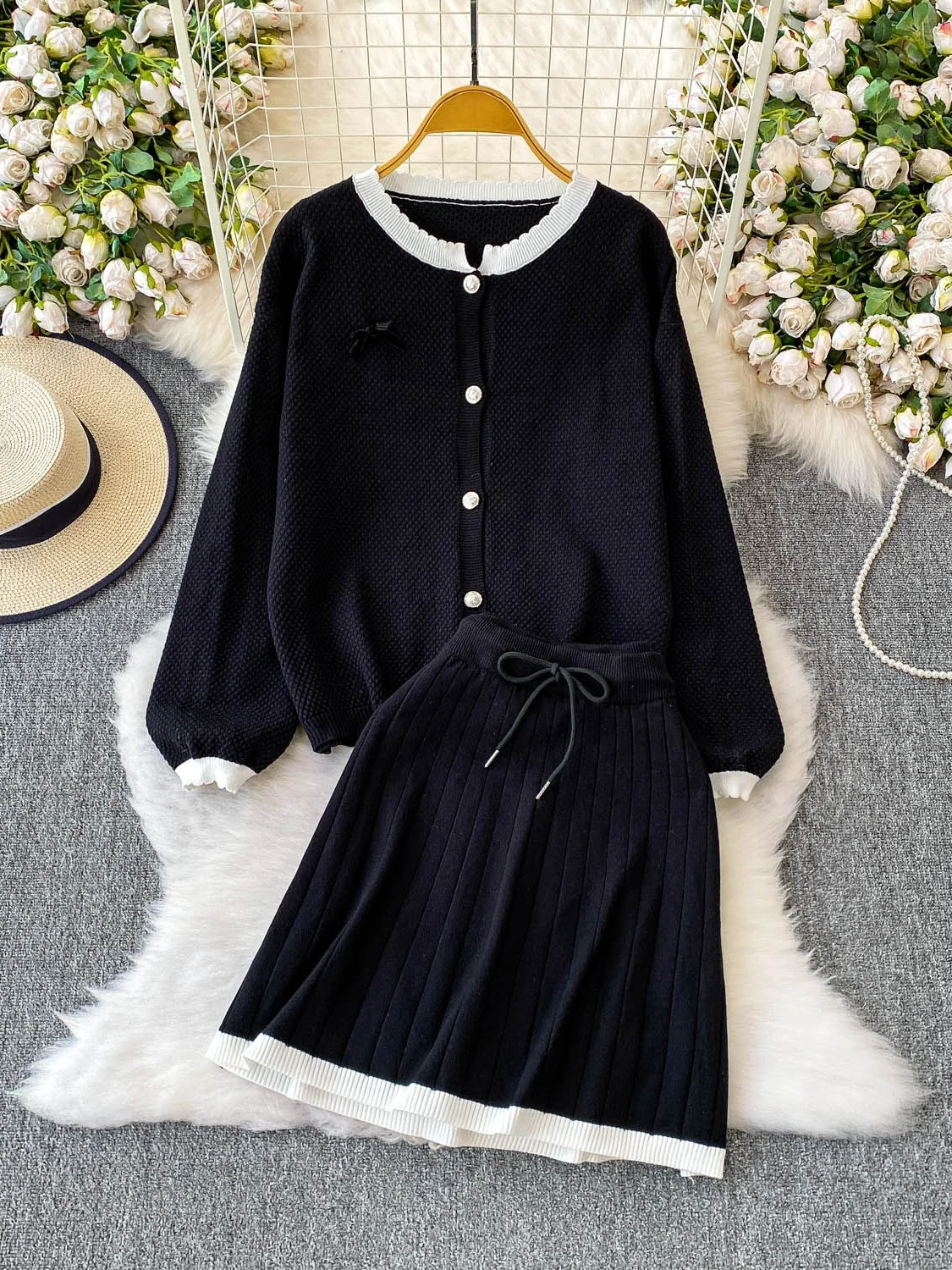 

Ay Knot воротник-стойка с высокой талией, тонкая трикотажная плиссированная юбка, комплект из двух предметов, модная рабочая одежда, ансамбль