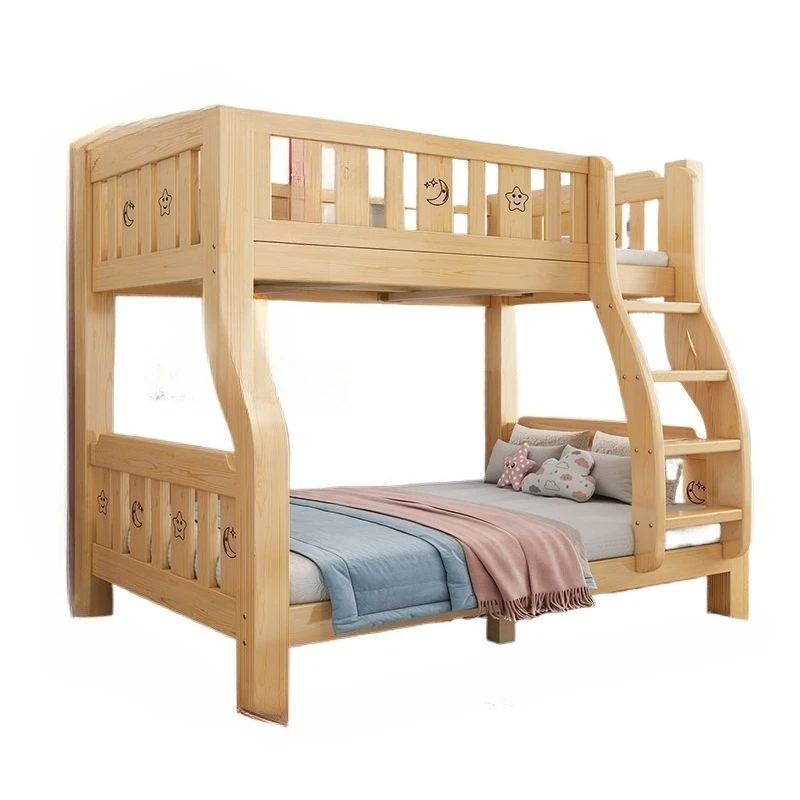 無垢材の上下二段ベッド、二階建て、高低ベッド、ダブル、小さなアパート、ベッド