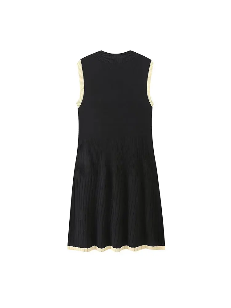 TRAF 2024 Nowa dzianinowa kontrastowa plisowana mini sukienka dla kobiet Nowa moda bez rękawów O Neck Dress Streetwear Casual Dresses