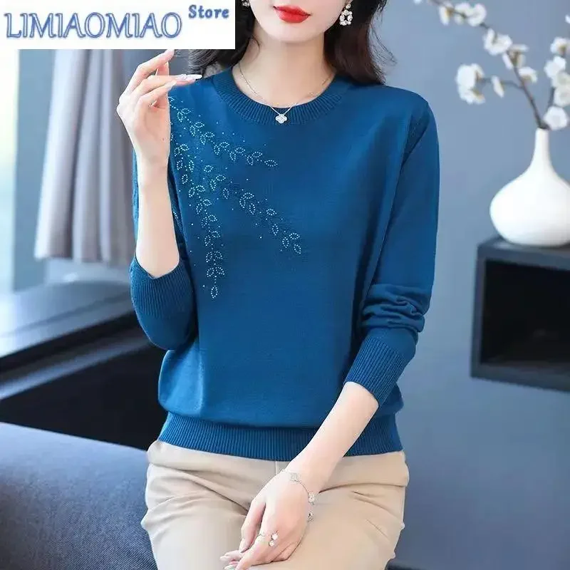 

Women's Clothing Korean Autumn Winter Geometric Lantern Long Sleeve Round Neck Rhinestone Pullover Sweater Knitted Elegant Tops