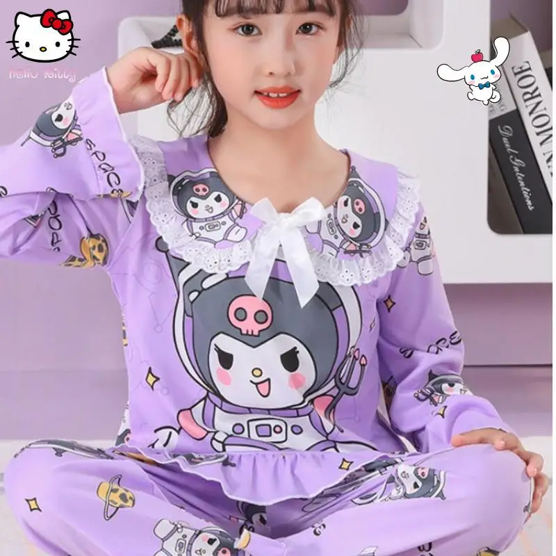 

Sanrio новая ночная рубашка Kuromi с длинными рукавами для девочек, модная летняя одежда Hello Kitty Cinnamoroll с героями мультфильмов, милая удобная детская домашняя одежда в стиле аниме