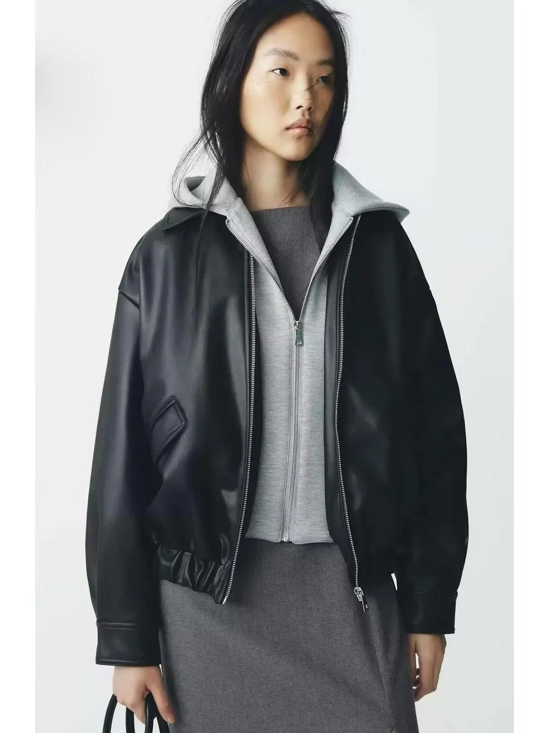 

Весенне-осенне-зимнее кожаное пальто с застежкой-молнией и эластичным подолом, длинное женское пальто све, повседневная модная верхняя одежда