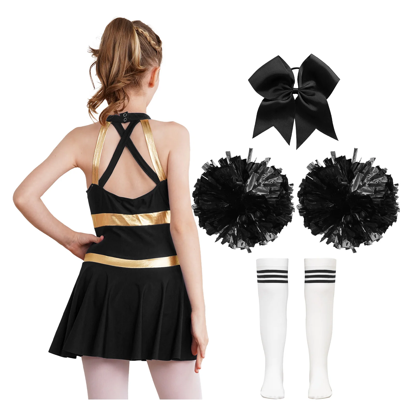 Girls Cheerleading Outfit Sleeveless Dress with Headwear Flowers Ball Socks School Party Sports Meet Schoolgirl Cheer Uniform